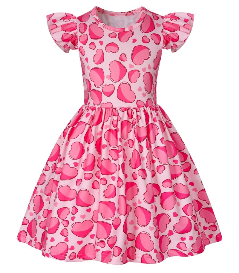 WonderBabe Valentines Day Outfit Toddler Girl Dress Love Hearts Print Ruffle Flutter Sleeve Casual Pink Valentines Dress Size 6-7 Years - Image 1