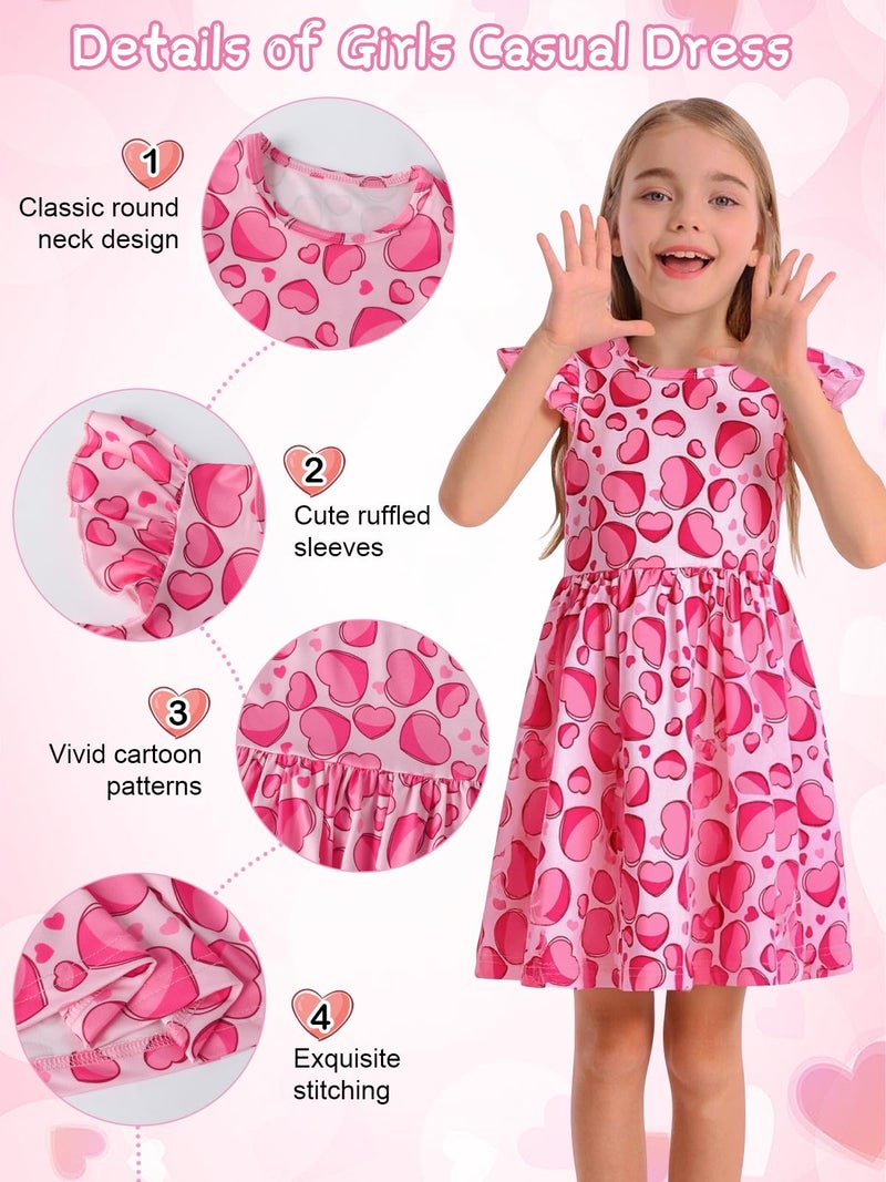 WonderBabe Valentines Day Outfit Toddler Girl Dress Love Hearts Print Ruffle Flutter Sleeve Casual Pink Valentines Dress Size 6-7 Years - Image 4