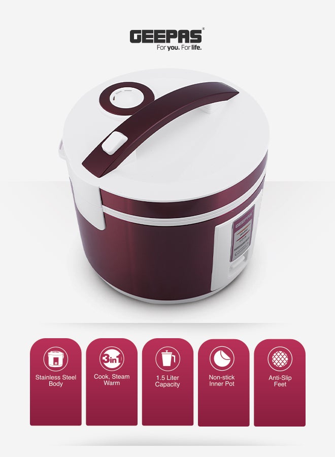 GEEPAS Multifunctional Automatic Rice Cooker with Stainless Steel Body & Non-Stick Inner Pot 1.5 L 708 W GRC4328N Red - Image 5