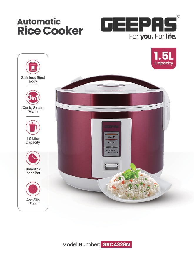 GEEPAS Multifunctional Automatic Rice Cooker with Stainless Steel Body & Non-Stick Inner Pot 1.5 L 708 W GRC4328N Red - Image 1