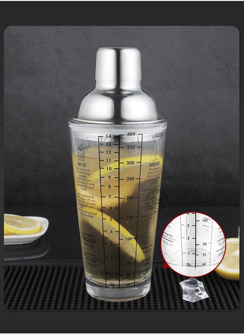 LEOKOR 5 PCS Glass Cocktail Shaker 14 OZ Glass Shaker Cup with Measuring Jigger Mixing Spoon Muddler Ice Clip  - Image 4