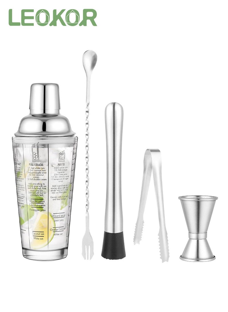 LEOKOR 5 PCS Glass Cocktail Shaker 14 OZ Glass Shaker Cup with Measuring Jigger Mixing Spoon Muddler Ice Clip  - Image 1