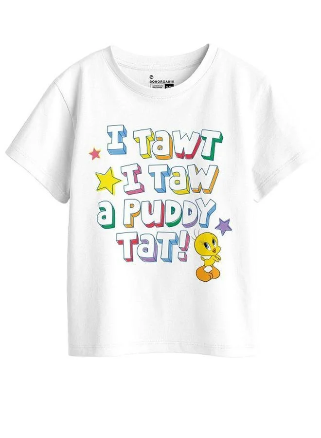 Bonorganik Girl's White 100% Cotton Printed Regular Fit T-Shirt