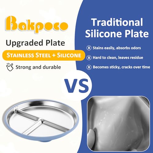 Bakpoco Stainless Steel Toddler Plate with Suction, 9” Divided Plates with Removable Silicone Sleeves for Kids, Non Toxic & BPA Free | Non Slip | Unbreakable Baby Snack Dishes Set of 2, Blue & Gray - Image 3