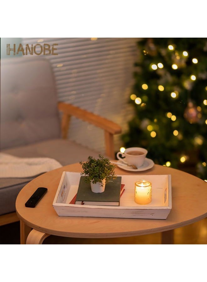 Hanobe Decorative Wooden Serving Tray: Rustic Wood Ottoman Trays for Coffee Table Rectangular Tray with Handles for Living Room Kitchen Home Decor, White - Image 2