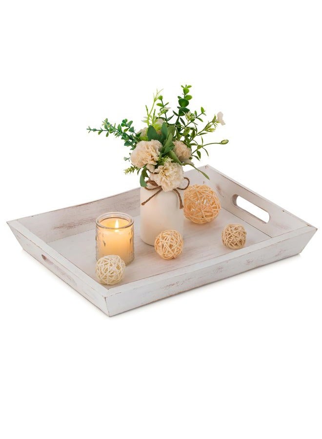 Hanobe Decorative Wooden Serving Tray: Rustic Wood Ottoman Trays for Coffee Table Rectangular Tray with Handles for Living Room Kitchen Home Decor, White - Image 1