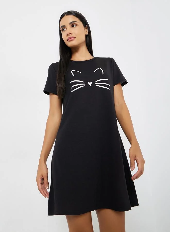 Styli Graphic Cat Print Sleep T-Shirt Dress