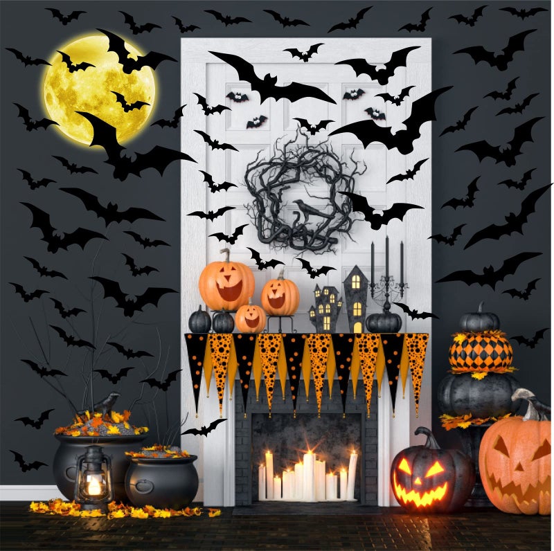 THEYGE Halloween Moon Wall Decal Halloween Bat Wall Stickers Vinyl Bat Wall Decals Removable Halloween Wall Sticker Halloween Bats Wall Decals Party Decorations - Image 2