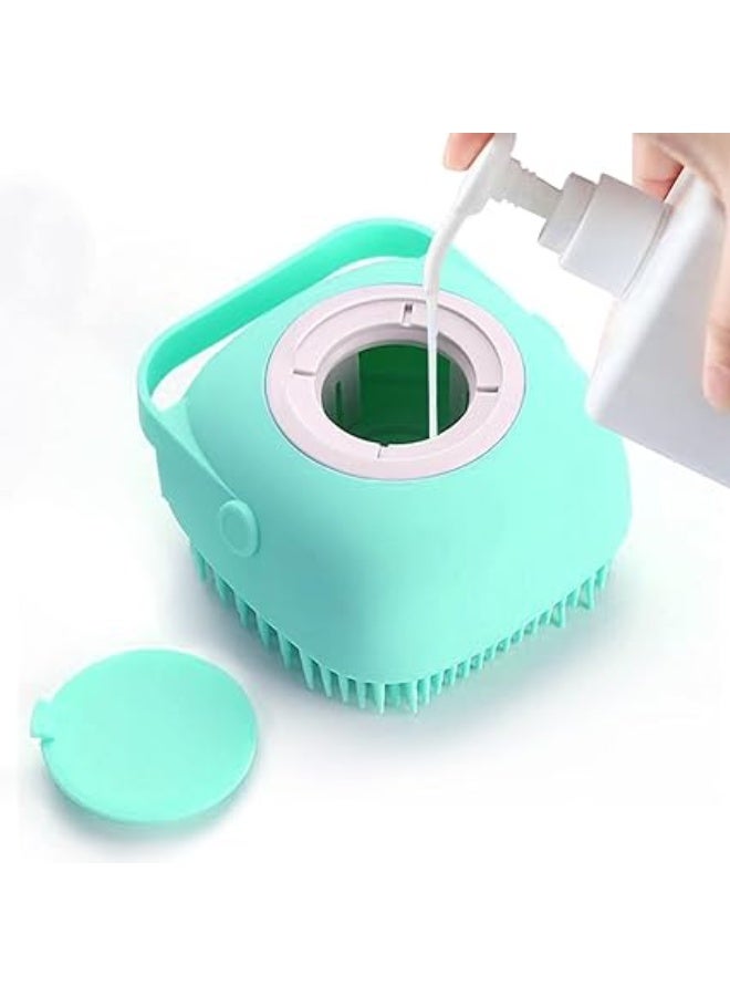 Blue Pet Grooming Bath Massage Brush with Soap and Shampoo Dispenser Soft Silicone Bristle for Long Short Haired Dogs Cats Shower - Image 1