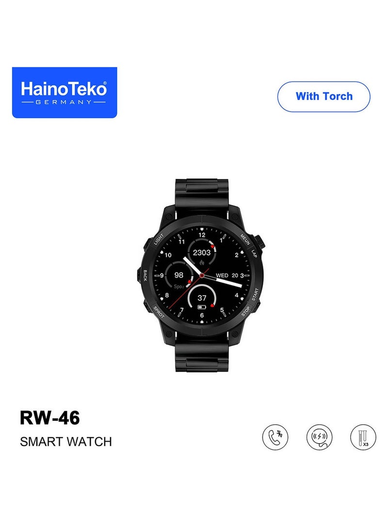 Haino Teko - Haiino Teko  RW46 Round shape AMOLED Display Smart Watch With Built inTorch 3 Pair Straps and Wireless Charger Designed For Gents and Boys Black - Image 1