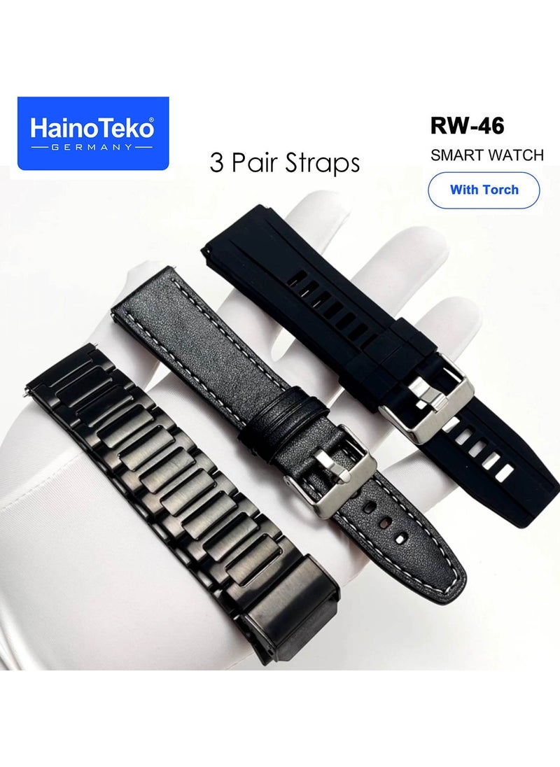 Haino Teko - Haiino Teko  RW46 Round shape AMOLED Display Smart Watch With Built inTorch 3 Pair Straps and Wireless Charger Designed For Gents and Boys Black - Image 1