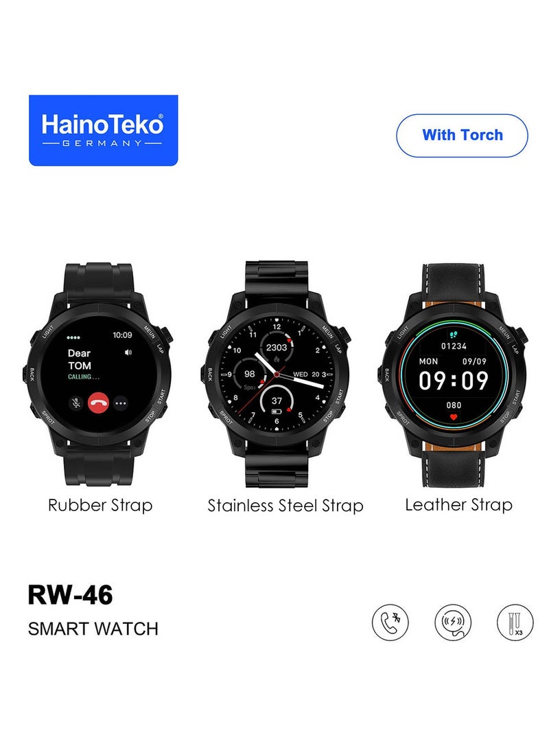 Haino Teko - Haiino Teko  RW46 Round shape AMOLED Display Smart Watch With Built inTorch 3 Pair Straps and Wireless Charger Designed For Gents and Boys Black - Image 1