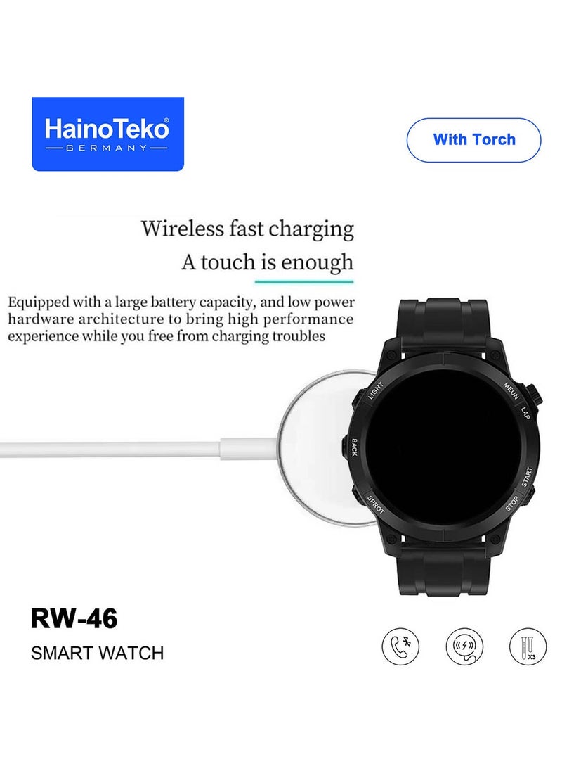 Haino Teko - Haiino Teko  RW46 Round shape AMOLED Display Smart Watch With Built inTorch 3 Pair Straps and Wireless Charger Designed For Gents and Boys Black - Image 1