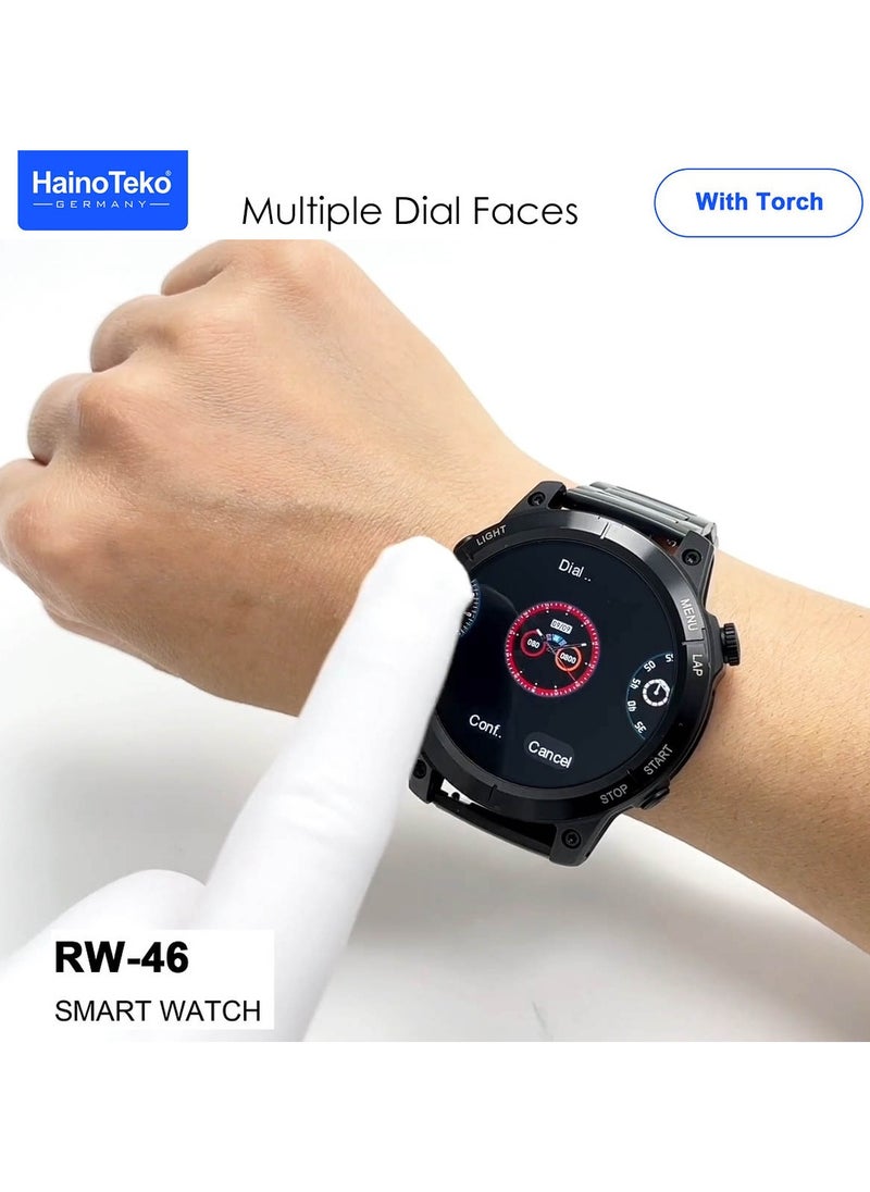 Haino Teko - Haiino Teko  RW46 Round shape AMOLED Display Smart Watch With Built inTorch 3 Pair Straps and Wireless Charger Designed For Gents and Boys Black - Image 1