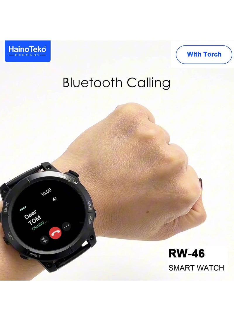 Haino Teko - Haiino Teko  RW46 Round shape AMOLED Display Smart Watch With Built inTorch 3 Pair Straps and Wireless Charger Designed For Gents and Boys Black - Image 1
