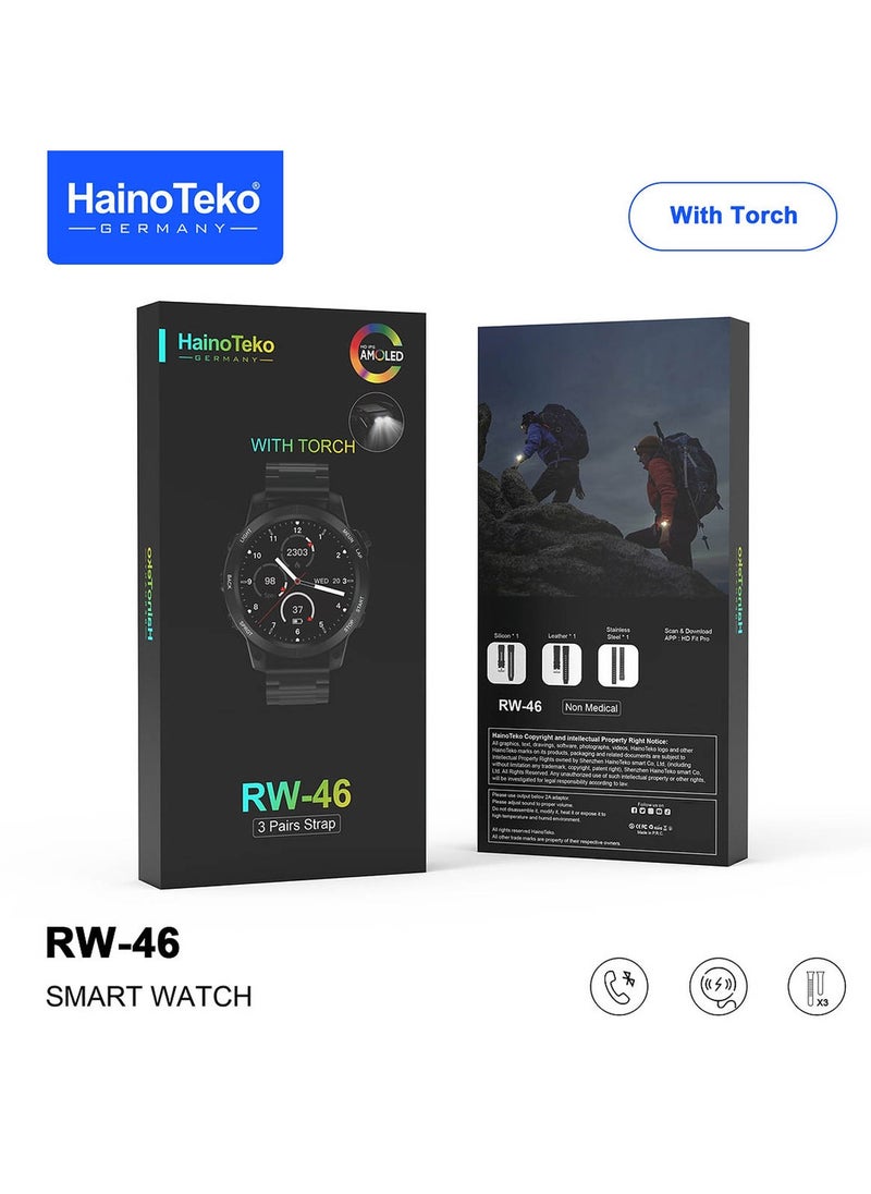 Haino Teko - Haiino Teko  RW46 Round shape AMOLED Display Smart Watch With Built inTorch 3 Pair Straps and Wireless Charger Designed For Gents and Boys Black - Image 1