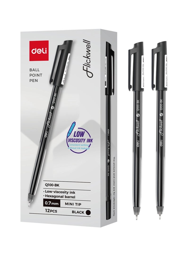 Deli 12-Piece Flickwell Ballpoint Pen 0.7mm Mini Tip Black Ink - Image 1