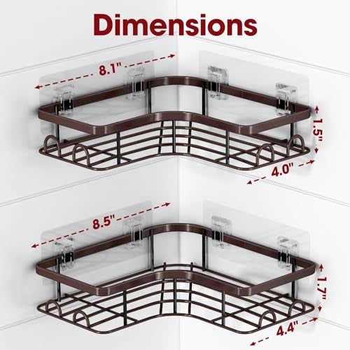 Sakugi Corner Shower Caddy 2 Pack Adhesive Shower Organizers Rustproof Stainless Steel Shower Shelves with 8 Hooks No Drilling Bathroom Organizers and Storage Racks SpaceSaving Brown Medium - Image 3