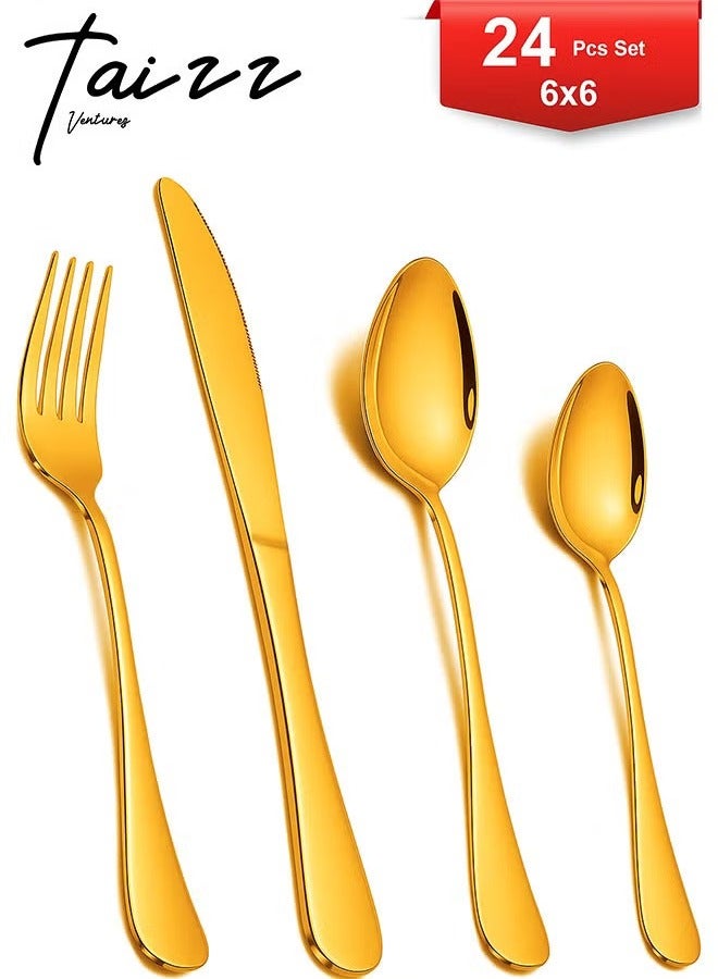 Taizz Ventures 24-Piece Gold-Plated Stainless Steel Cutlery Set, Dinnerware Set for 6 with Knives, Forks, Spoons, Teaspoons, and Spoon Holder, Elegant Flatware for Dining, Dishwasher-Safe - Gold