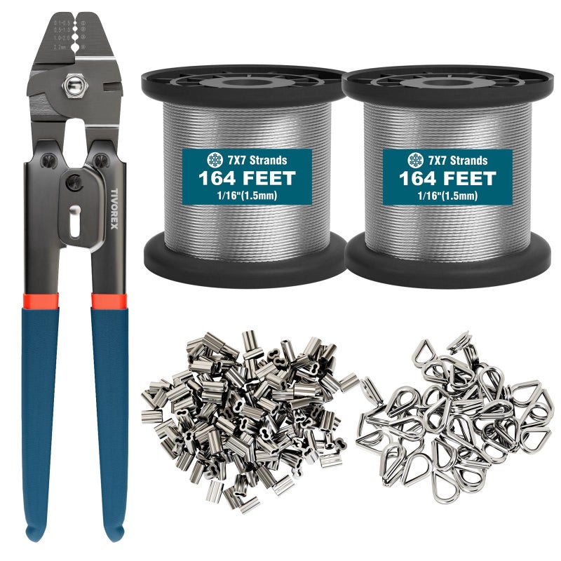 Tivorex 328ft Wire Rope Crimping Tool Kit with Builtin Cutter 116 Stainless Steel Wire Rope Cable with 210PCS Aluminum Crimping Loop Sleeve 50PCS Thimble for Railing Decking Picture Hanging - Image 2