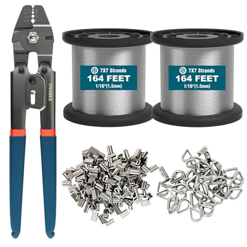 Tivorex 328ft Wire Rope Crimping Tool Kit with Builtin Cutter 116 Stainless Steel Wire Rope Cable with 210PCS Aluminum Crimping Loop Sleeve 50PCS Thimble for Railing Decking Picture Hanging - Image 1