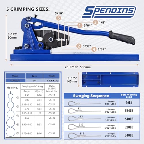 SPENDINS 24 Inch Bench Swaging Cutting Tool, Wire Rope Crimping Tool for 1/16" 3/32" 1/8" 5/32" 3/16" Wires, 2-in-1 Crimper and Cutter, Swager Crimper for Copper Aluminum Oval Sleeve and Stop Sleeve - Image 3