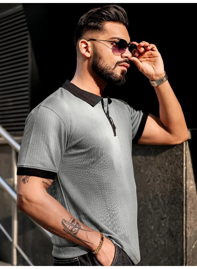 Maniac Mens Half Zip Polo Neck Solid Half Sleeve Silver Grey and Black Cotton Slim Fit T-Shirt