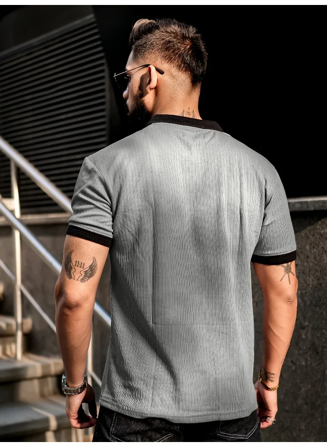 Maniac Mens Half Zip Polo Neck Solid Half Sleeve Silver Grey and Black Cotton Slim Fit T-Shirt