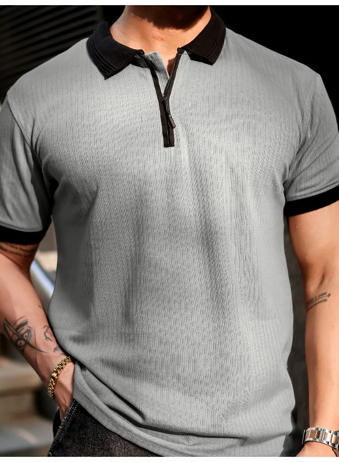 Maniac Mens Half Zip Polo Neck Solid Half Sleeve Silver Grey and Black Cotton Slim Fit T-Shirt