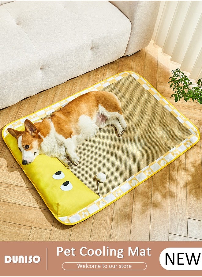DUNISO Pet Cooling Bed, Washable Cooling Pets Ice Pad Rattan Mat Nest,Pet Cooling Mats, Pet Ice Pad Bed with Fast Moisture Wicking,Summer Pet Woven Breathable Square Mat Sleeping Pad with Pillow for Dogs Cats  - Image 1