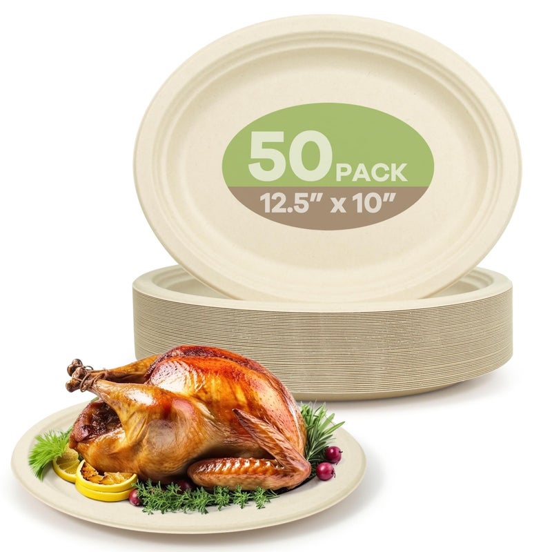 FEHHTO 100 Compostable Oval Paper Plates 125Inch 50Pack Disposable Heavy Duty Bagasse Platters EcoFriendly Biodegradable Sugarcane Plates for BBQ Party Picnic  Natural Brown