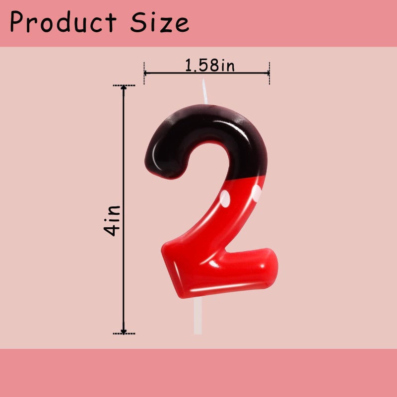 OGnomiFX 2nd Black Red Birthday Candles for Boys Girls, Red Mouse Cake Topper Cupcake Decor, Cartoon Themed Birthday Party Decorations Supplies (Number 2) - Image 2