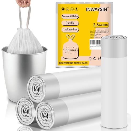 Inwaysin 2.6 Gallon Small-Trash-Bags Plastic Drawstring Garbage-Bag - Mini Tiny White Unscented 80 Count For Bathroom Car Can Restroom Office Liners Waste Basket Strong Bulk Inwaysin - Image 1
