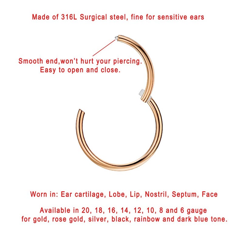 FANSING 20g 6mm Nose Hoop 20 Gauge Hinged Seamless Piercing Jewelry Ring for Septum Helix Cartilage Earlobe Lip Daith Tragus Rook & Conch 18k Rose Gold-plated Surgical Steel - Image 2