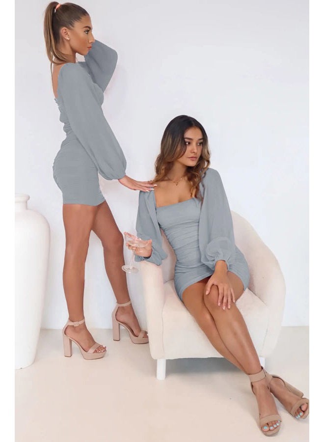 Wenrine Women's Mesh Long Sleeve Square Neck Ruched Party Club Cocktail Bodycon Mini Dress, Light Grey, S - Image 4