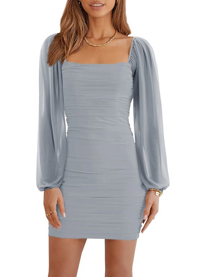 Wenrine Women's Mesh Long Sleeve Square Neck Ruched Party Club Cocktail Bodycon Mini Dress, Light Grey, S - Image 1