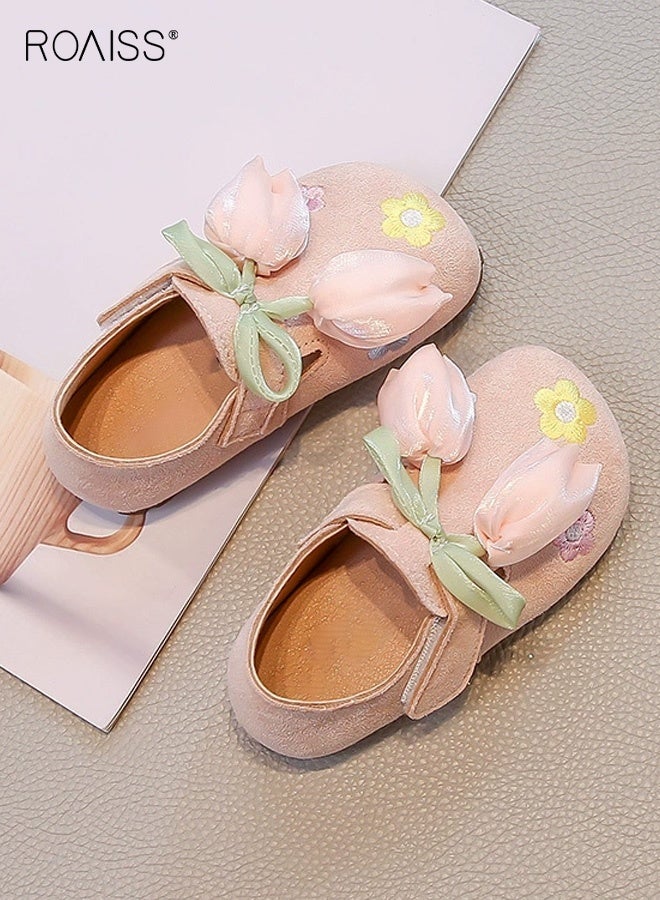 رويس أحذية أنيقة للفتيات، أحذية رسمية رائعة مزينة بزخارف على شكل زهرة التوليب، أحذية مسطحة بإغلاق فيلكرو ونعل مانع للانزلاق، مناسبة للحفلات، حفلات الزفاف، المدرسة، الارتداء اليومي أو المناسبات الأخرى - Image 3