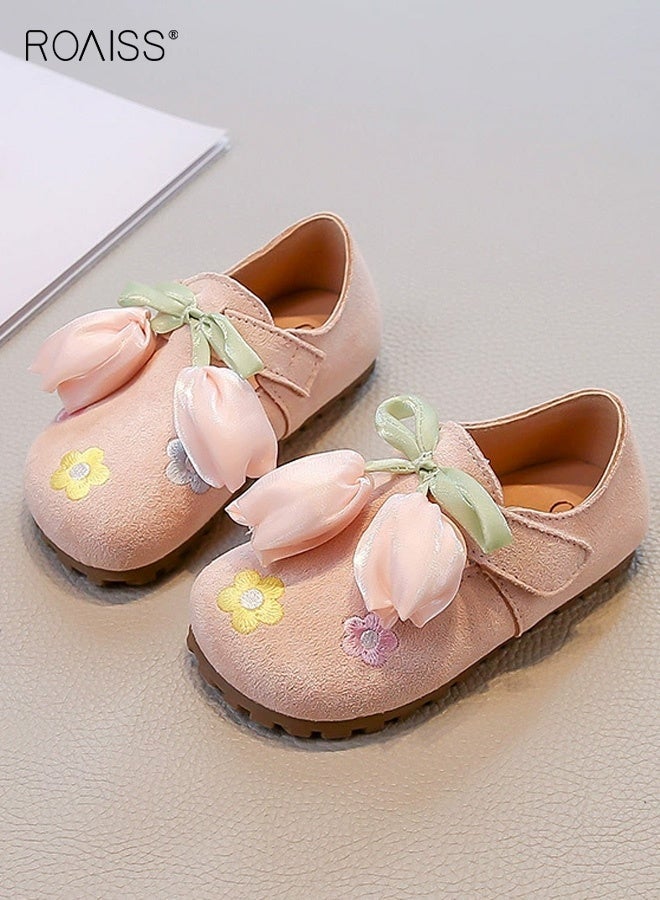 رويس أحذية أنيقة للفتيات، أحذية رسمية رائعة مزينة بزخارف على شكل زهرة التوليب، أحذية مسطحة بإغلاق فيلكرو ونعل مانع للانزلاق، مناسبة للحفلات، حفلات الزفاف، المدرسة، الارتداء اليومي أو المناسبات الأخرى - Image 1