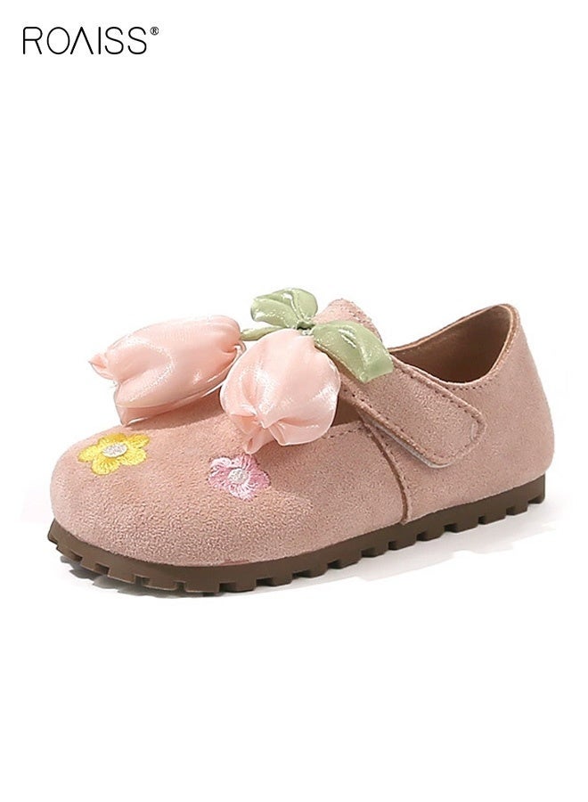 رويس أحذية أنيقة للفتيات، أحذية رسمية رائعة مزينة بزخارف على شكل زهرة التوليب، أحذية مسطحة بإغلاق فيلكرو ونعل مانع للانزلاق، مناسبة للحفلات، حفلات الزفاف، المدرسة، الارتداء اليومي أو المناسبات الأخرى - Image 2