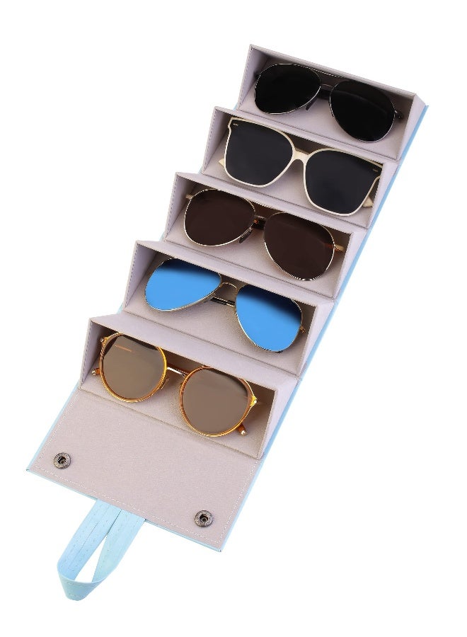 Leather Multiple Sunglasses Organizer Case Holder for Travel - Hard Shell Hanging Wall Eyeglasses Storage(5 Slots Blue) - Image 4