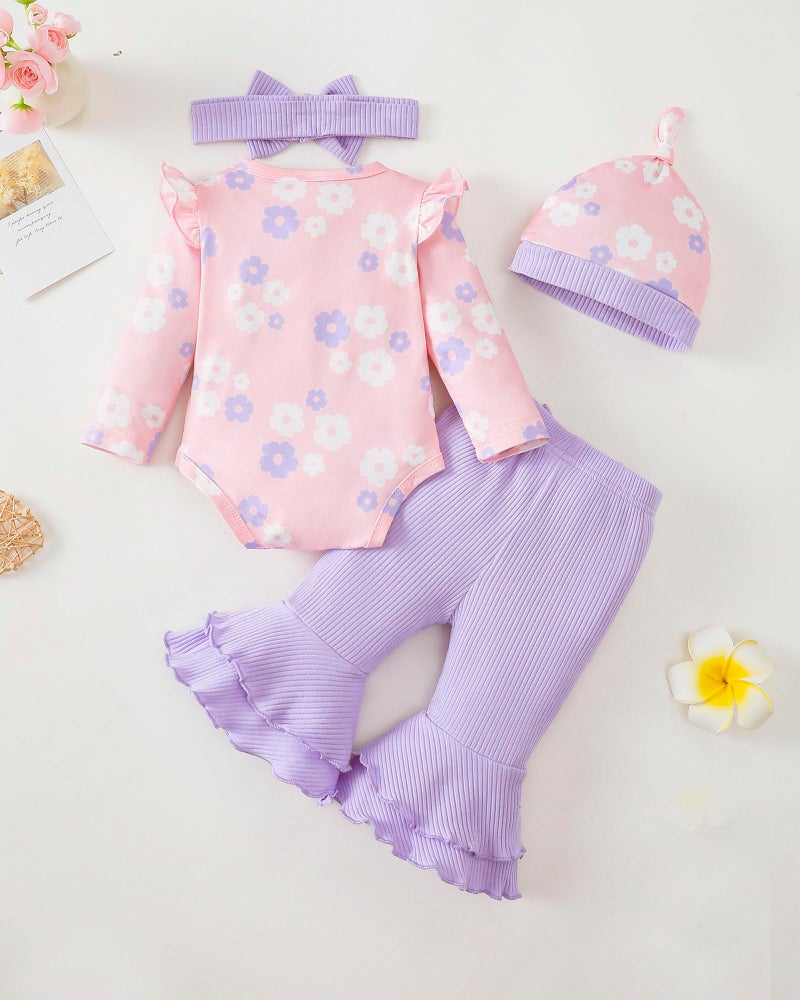 Renotemy Newborn Infant Baby Girl Clothes 0-3 Months Baby Girl Outfit Infant Ruffle Sleeve Romper Clothes Coming Home Newborn Essentials Outfits Gifts Purple Bell Bottom Pants Bodysuit Clothing Set - Image 4