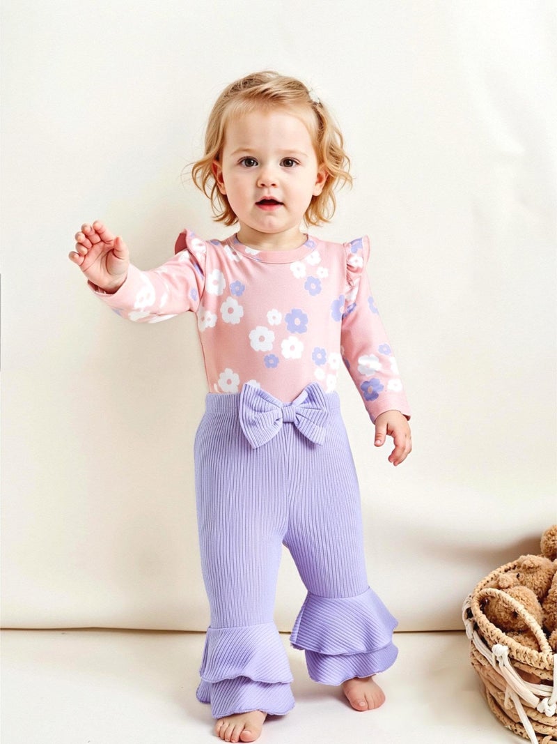 Renotemy Newborn Infant Baby Girl Clothes 0-3 Months Baby Girl Outfit Infant Ruffle Sleeve Romper Clothes Coming Home Newborn Essentials Outfits Gifts Purple Bell Bottom Pants Bodysuit Clothing Set - Image 2