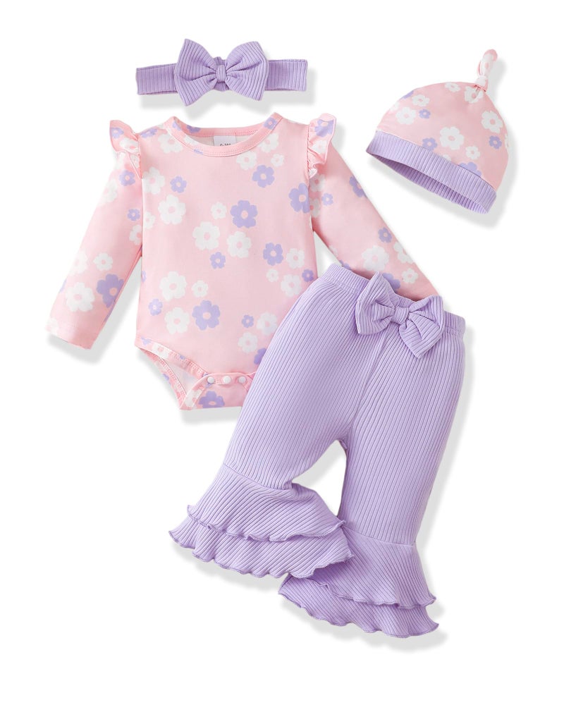 Renotemy Newborn Infant Baby Girl Clothes 0-3 Months Baby Girl Outfit Infant Ruffle Sleeve Romper Clothes Coming Home Newborn Essentials Outfits Gifts Purple Bell Bottom Pants Bodysuit Clothing Set - Image 1