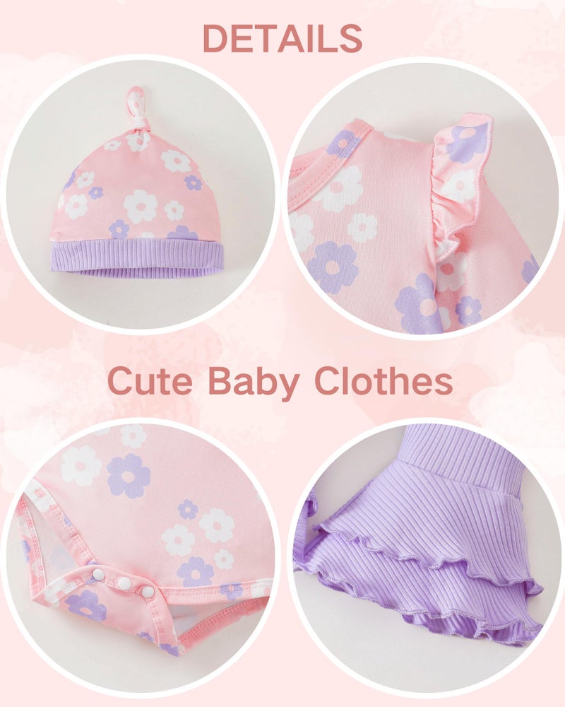 Renotemy Newborn Infant Baby Girl Clothes 0-3 Months Baby Girl Outfit Infant Ruffle Sleeve Romper Clothes Coming Home Newborn Essentials Outfits Gifts Purple Bell Bottom Pants Bodysuit Clothing Set - Image 5