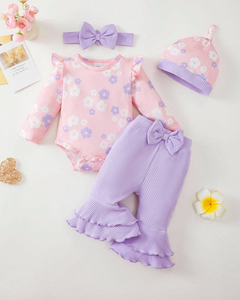 Renotemy Newborn Infant Baby Girl Clothes 0-3 Months Baby Girl Outfit Infant Ruffle Sleeve Romper Clothes Coming Home Newborn Essentials Outfits Gifts Purple Bell Bottom Pants Bodysuit Clothing Set - Image 3