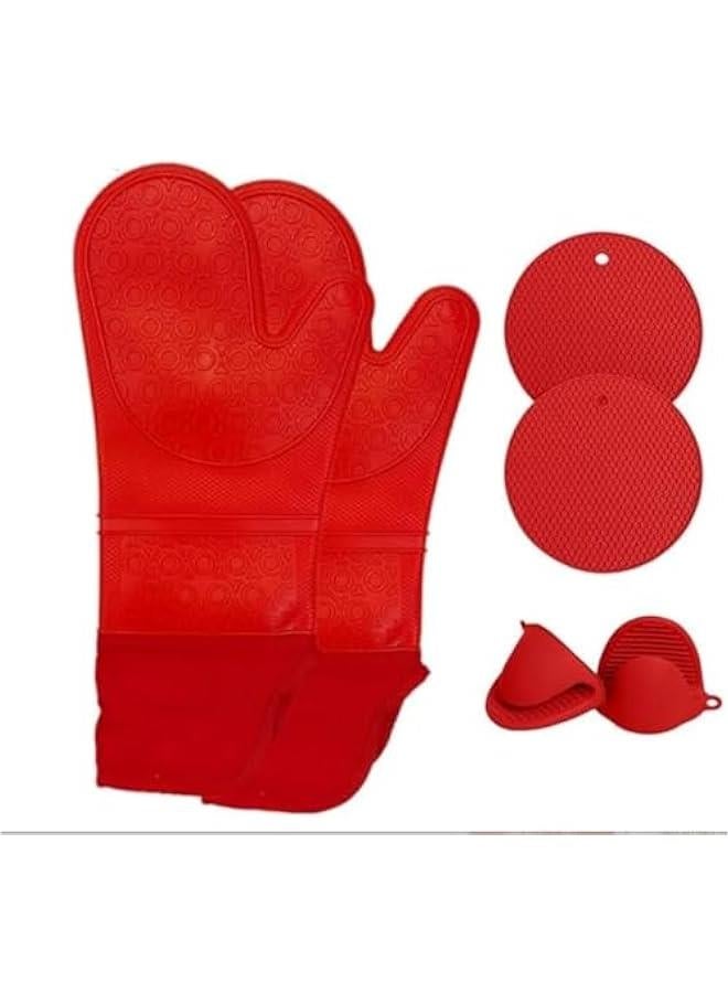 HOOKOR Extra Long Oven Mitts and Pot Holders Sets: Heat Resistant Silicone Mittens with Mini Gloves Hot Pads Potholders for Kitchen Baking Cooking, Quilted Liner, Black, Pack of 6 (Red)  - Image 1