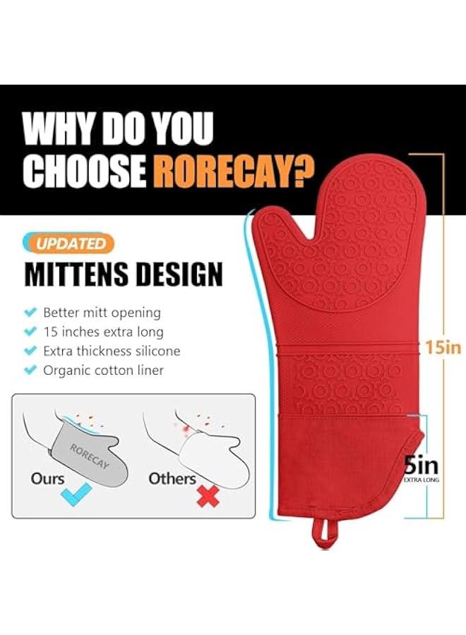 HOOKOR Extra Long Oven Mitts and Pot Holders Sets: Heat Resistant Silicone Mittens with Mini Gloves Hot Pads Potholders for Kitchen Baking Cooking, Quilted Liner, Black, Pack of 6 (Red)  - Image 2