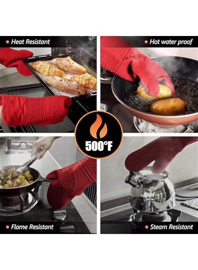 HOOKOR Extra Long Oven Mitts and Pot Holders Sets: Heat Resistant Silicone Mittens with Mini Gloves Hot Pads Potholders for Kitchen Baking Cooking, Quilted Liner, Black, Pack of 6 (Red)  - Image 4