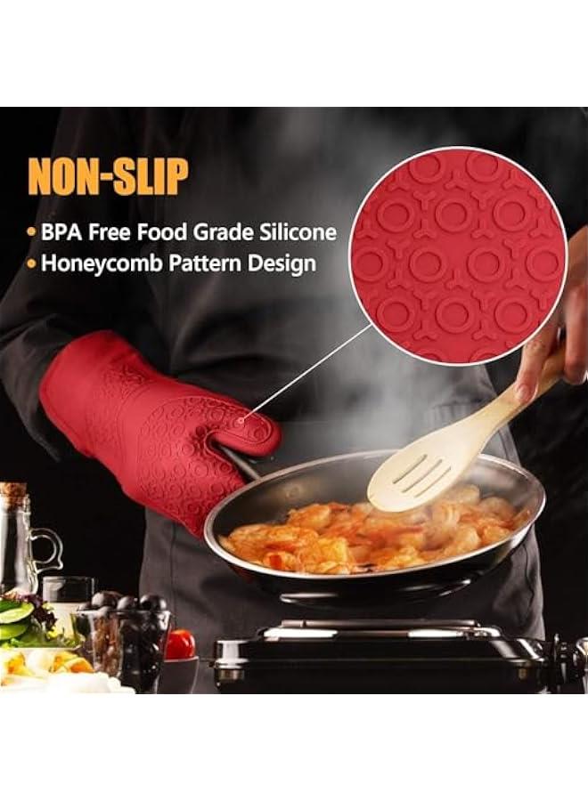 HOOKOR Extra Long Oven Mitts and Pot Holders Sets: Heat Resistant Silicone Mittens with Mini Gloves Hot Pads Potholders for Kitchen Baking Cooking, Quilted Liner, Black, Pack of 6 (Red)  - Image 5