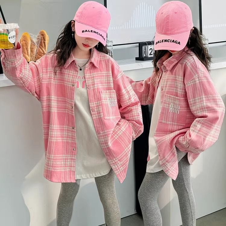 Summer Girls' Shirt Children'S Fashion Stylish Casual Long Sleeve Plaid Two-Piece Set For Large Children - Image 3